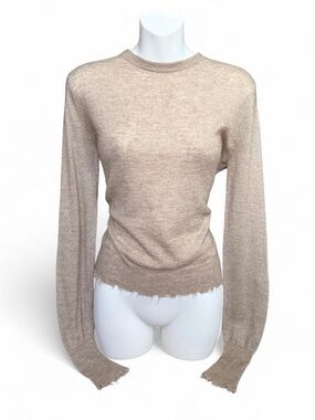 Zara Beige Raw-Edge Crewneck Long Sleeve Top